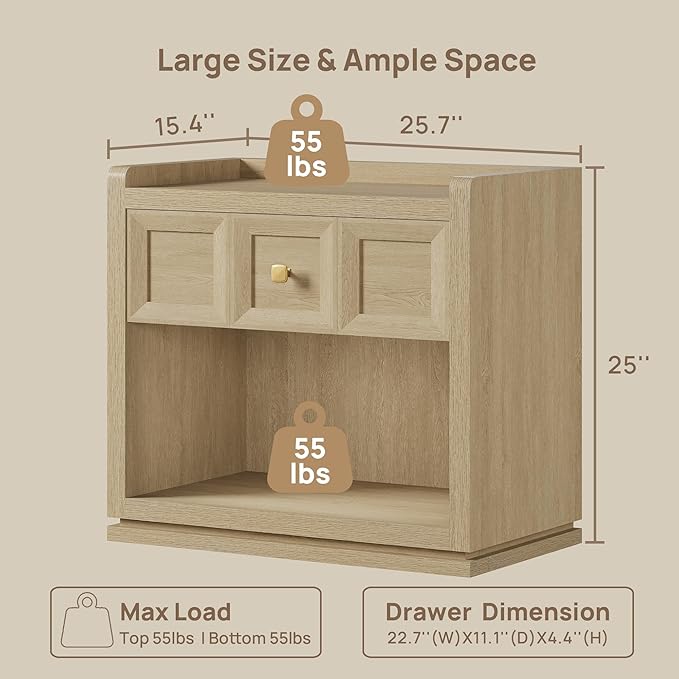 SICOTAS Night Stand Set 2, 26" Wide Nightstands with Drawer, Large Queen Size Nightstands Set of 2, Modern Bedside Table for Bedroom, Side End Table (Coastal Oak, 26 Inch)