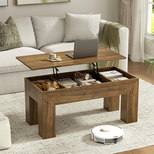FABATO 41.7'' Lift Top Coffee Table, Wooden Rectangle Coffee Table with Hidden Storage, Large Center Table Adjustable Height Sofa Table for Living Room Office Apartment, Brown