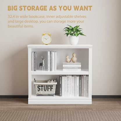 blini 2-Shelf White Bookcase Wooden Bookshelves 33in Wide Floor Standing Display Storage Shelves Low Bookcase for Home Office, Living Room, Bed Room