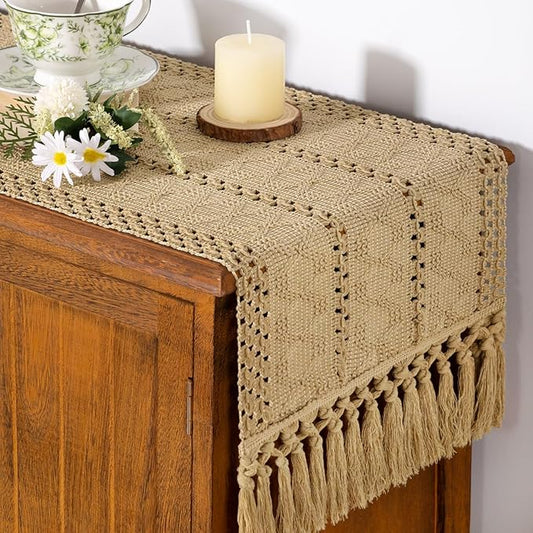 Socomi Boho Table Runner Macrame Valentine's Day Farmhouse Woven Cotton Linen Rustic Coffee Table Runner with Tassels for Dresser Scarf Home Decor Dining Room 12x90 inch Champagne
