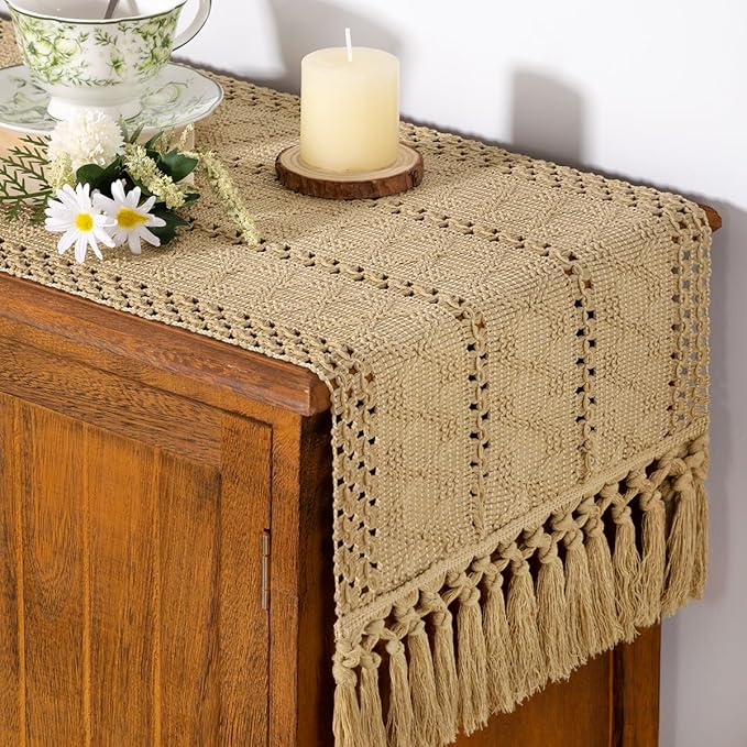 Socomi Boho Table Runner Macrame Long Valentine's Day Farmhouse Woven Cotton Linen Rustic Coffee Table Runner with Tassels for Dresser Scarf Home Decor Dining Room 12x108 inch Champagne