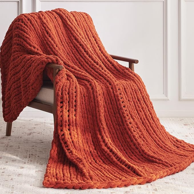 Negwoo Chunky Knit Throw Blanket, 80''*90'' Knitted Throw Chenille Yarn for Bed Couch, Handmade Orange Crochet Big Thick Blanket, Machine Washable Cute Comfy Blanket for Home Decor