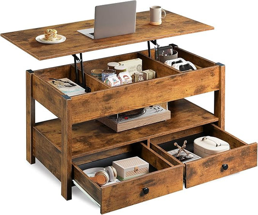 WLIVE Coffee Table, Lift Top Coffee Table with 2 Drawers, Large Hidden Compartment and Open Storage Shelf, Lift Tabletop, Dining Table for Living Room, Rustic Brown