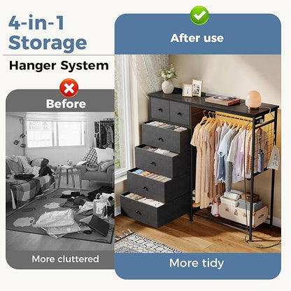 OLIXIS 6 Storage for Bedroom with Hanging Rack with LED Lights & Charging Station, Fabric Chest of Storage with Rack, Wooden Top, for Home Living Room Entryway Grey