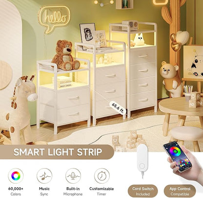 Lazzanto Night Stand Bedside Charger Bedroom - Nightstand with Charging Station, Bed Side Table with LED Light Strip, End Table with U-S-B Ports & AC Outlets, Storage Shelf & 3 Fabric Drawers, White