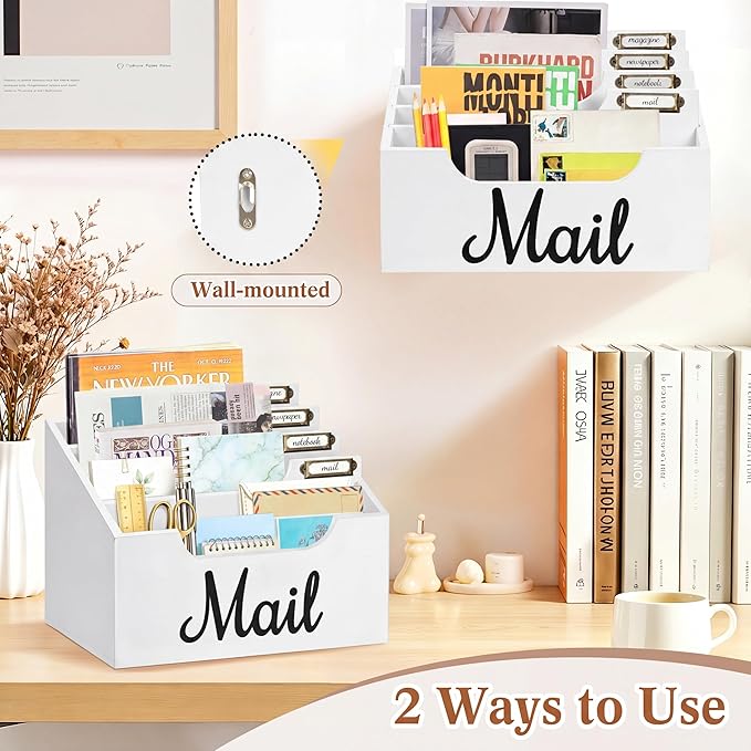 Rustic Wood Mail Organizer Countertop with 4 Slots, Black Mail Holder for Desk, Removable Dividers Mail Sorter, Letter Bill File Organizer for Home Office Classroom, Desktop Organizer with Free Labels