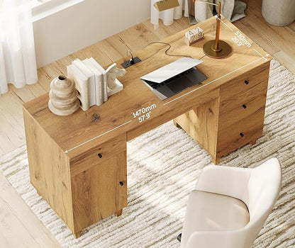 WAMPAT Executive Desk with Drawers & Storage Cabinet, 58 Inch Modern Wooden Office Desk with Charging Station & Keyboard Tray, Home Office Large Computer Desk, Work & Study Writing Desk, Oak Brown