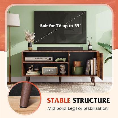 WLIVE TV Stand for 55 Inch TVs, Entertainment Center with Storage Cabinet, Mid-Century TV Stands for Living Room and Bedroom, 50" TV Console, Brown | with Storage Cabinet