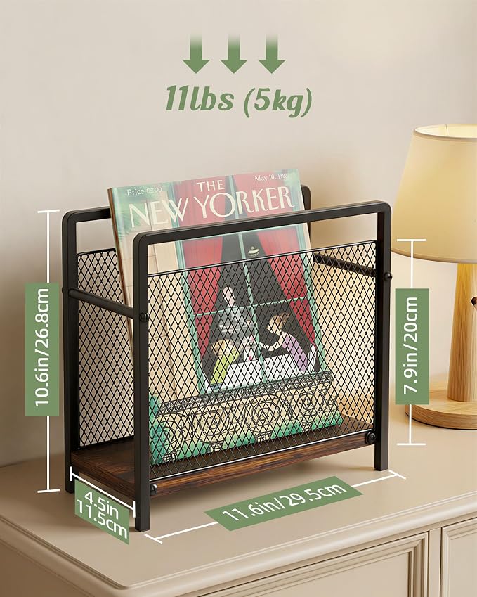 Magazine Holder, Magazine Rack Floor, Metal Mesh with Wood Base Magazine Storage Basket, Folder Organizer Bin for Books, Newspapers, Mails, Files, Dark Brown