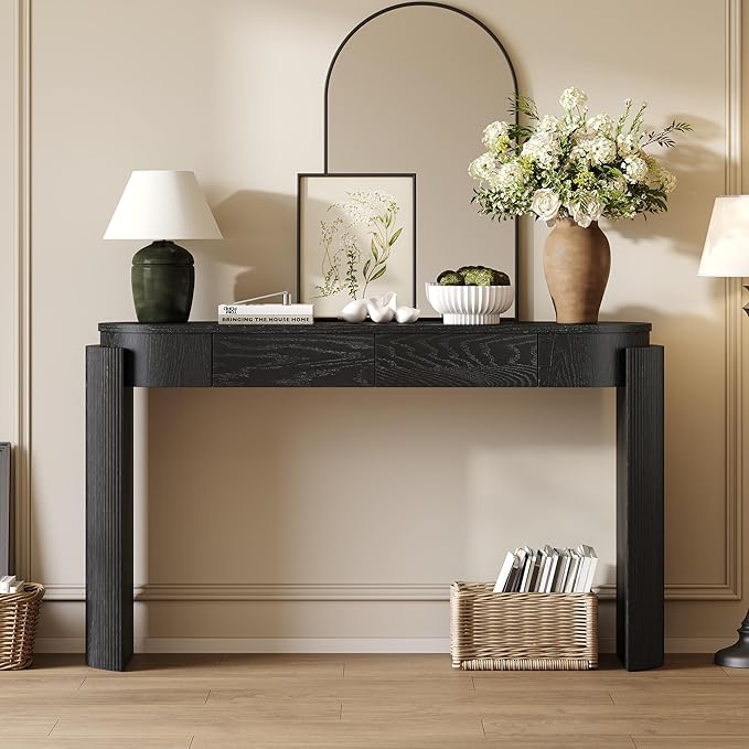 LKTART 55" Sofa Table with Oval Top and 2 Drawers, Entryway Console Table with Fluted Design for Hallway,Foyer,Entry and Living Room (Easy Assembled-Black)