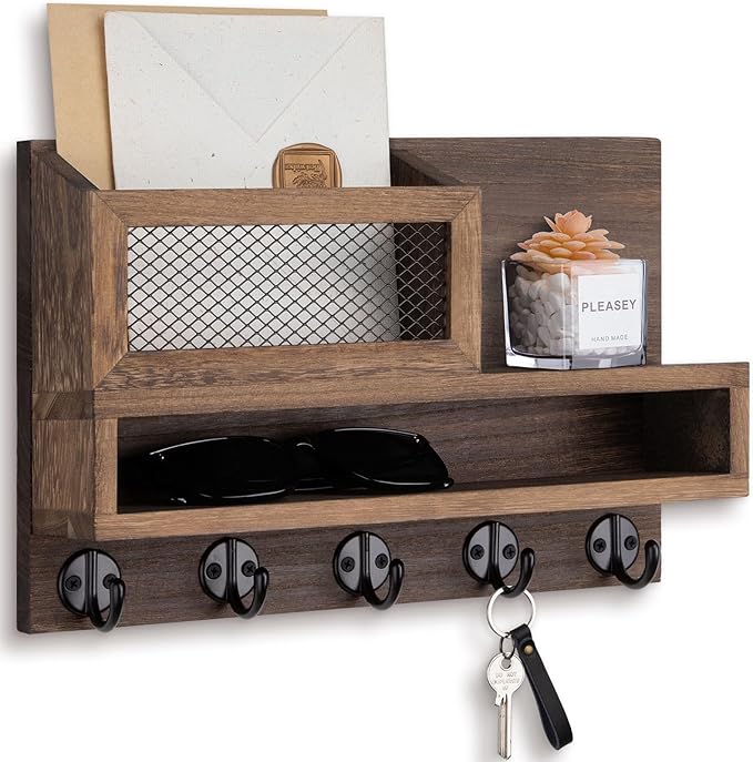 Key Holder for Wall, Mail Organizer Wall Mount with Storage Compartment and 5 key Hooks for Coat, Dog Leash, Stylish Mesh Mail Holder, Home Decor Entry Way Organizer