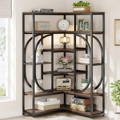 Tribesigns 7-Shelf Corner Bookshelf, Large Modern Corner Bookcase, Tall L-Shaped Corner Shelf Stand Display Rack with Storage, Metal Frame for Living Room Home Office (Rustic Brown)