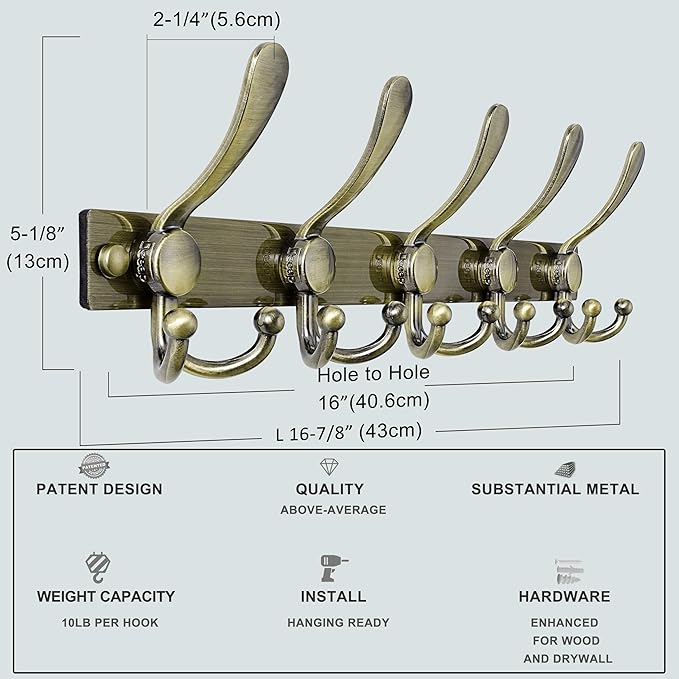 Dseap Coat Rack Wall Mount 2.0 Pro: Heavy Duty 300% Thicker, 16" Stud Mount, Stainless Steel Wall Coat Hooks Hanger for Clothes Jackets Hats Entryway Closet, MaxStrong Series, Antique Bronze