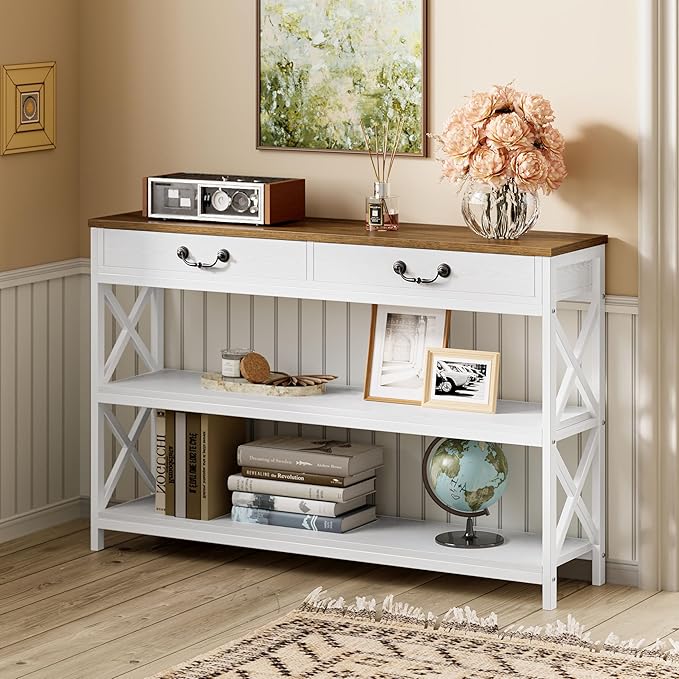 IRONCK Farmhouse Console Table, Sofa Table with Drawer, Narrow Long Entry Table with 2 Shelf for Entryway, Living Room, Hallway, White/Walnut