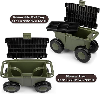Pure Garden Rolling Garden Cart with Seat - Plastic Storage with Bench and Interior Tool Tray - Gardening Stool for Weeding and Planting (Green)
