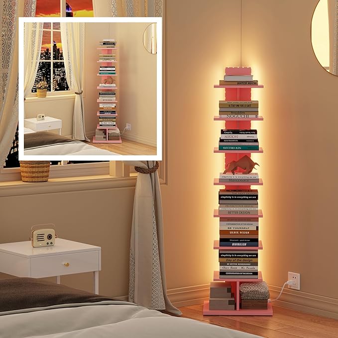 TUTOTAK Narrow Bookshelf, 8-Tier Bookcase with LED Lights, Spine Book Shelf for Small Space, Corner Standing Shelf for Living Room, Office, Study, Entryway, Pink BS06BP008L