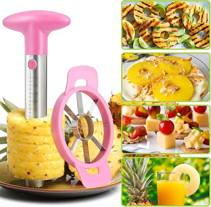 OOKUU Pineapple Corer, Stainless Steel Pineapple Peeler Slicer with Reinforced Thicker Blade, Measure Marked Core Remover, Pink