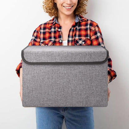 Bagnizer Large 42 Quarts Fabric Storage Bins with Lids [2-Pack] Linen Collapsible Foldable Storage Cubes, Closet Organizer Containers boxes with Handles for Home Office (16.7 x 12 x 12, Gray)