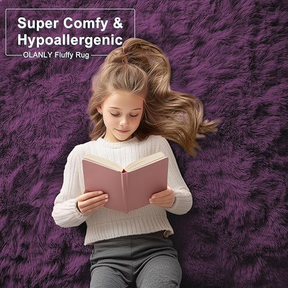 OLANLY 2x3 Machine Washable Small Bedside Rug, Soft Fluffy Shaggy Entryway Throw Rugs for Bedroom, Living Room, Indoor Floor Carpet for Kids Girls and Boys, Home Decor Aesthetic, Dark Purple