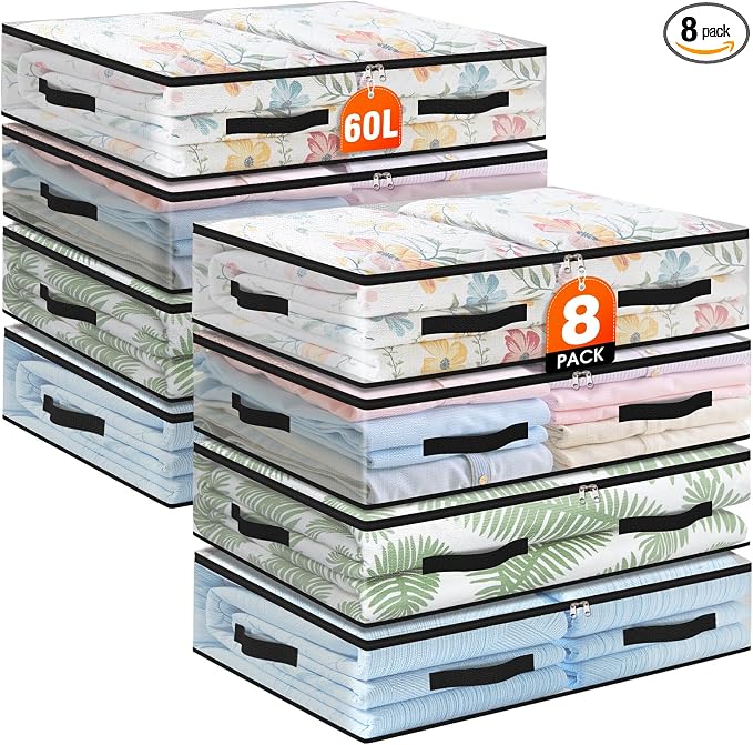 8 Pack Under Bed Storage Bags, 60L Foldable Clear Storage Containers with Handles, Dual Zippers for Comforter, Clothes, Bedding, Linen Sheets, Sweaters, Blanket Storage