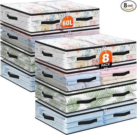 8 Pack Under Bed Storage Bags, 60L Foldable Clear Storage Containers with Handles, Dual Zippers for Comforter, Clothes, Bedding, Linen Sheets, Sweaters, Blanket Storage