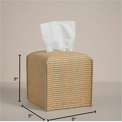 OLETHA Square Tissue Box Cover - Aesthetic Desk Decor for Room, Home & Office - Tissues Cube Boxes Holder - Rattan Textured, Set of 2