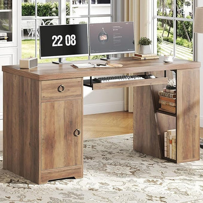 HSH 55 Inch Executive Office Desk with Drawers, Farmhouse Computer Desk with Keyboard Tray and Storage, Rustic Wood Work Study Writing Pc Table Studio Desks Home Workstation with Shelves and Cabinet