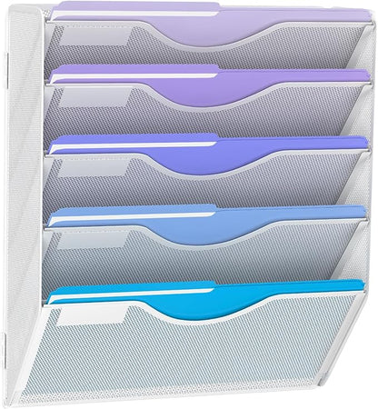 5 Tier Hanging Wall File Organizer, Mesh Mail Paper Orgnization Hanging File Folder Holder for Home Office, White