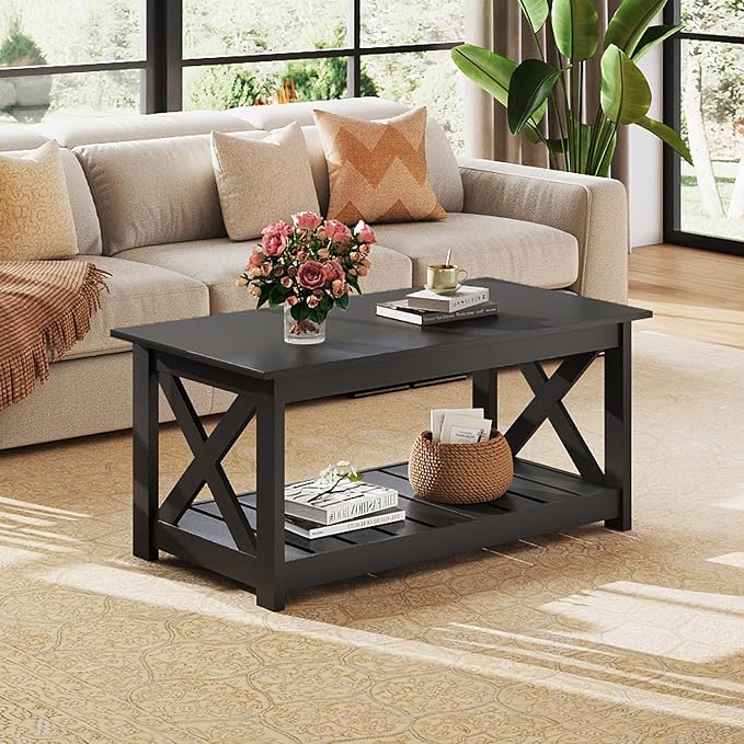 WLIVE Farmhouse Coffee Table for Living Room, 40.1" Rustic Center Table with X-Frame Support & Storage Shelf, 2-Tier Wood Coffee Tables for Bedroom & Balcony, Charcoal Black