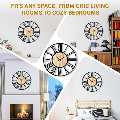 16inch/40cm Wall Clock for Bedroom Living Room Battery Operated Metal Decorative Analog Silent Analog Non Ticking Clocks Room Wall Decor (Wooden Roman Numerals, 16 inches)
