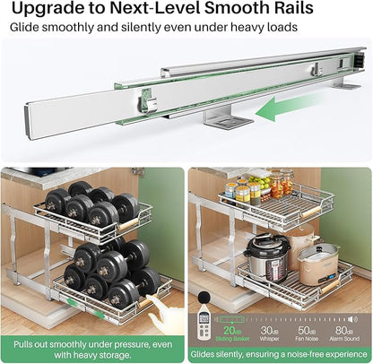 Pull out Cabinet Organizer, 2 Tiers 23"W X 21"D, Heavy Duty Smooth Sliding Under Cabinet Shelves for Pots and Pans, Full-Extension Roll out Drawers, Slide out Organization for Home Kitchen Pantry