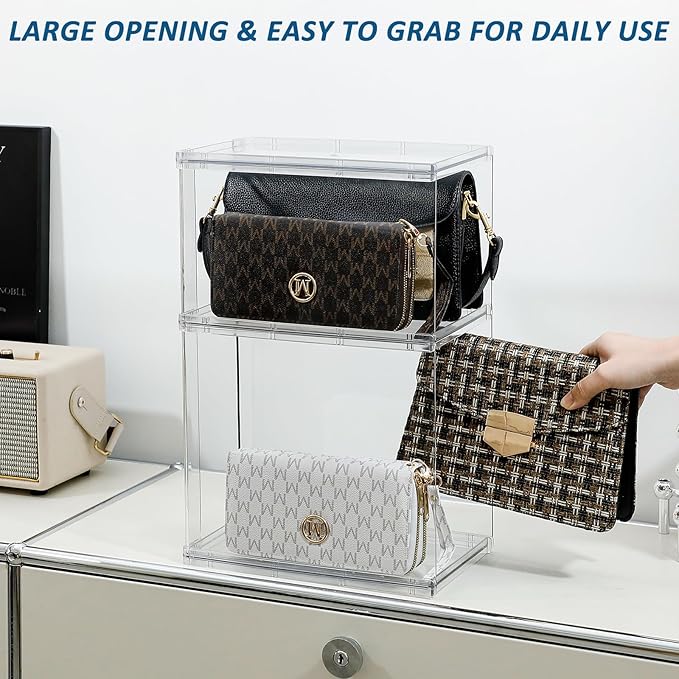 4 Pack Stackable Closet Organizers and Storage Shelves for Small Purses, Handbags, Clear Display Rack for Bathroom, Bedroom and Living Room, Plastic High Heels Holder (Short/Tall)
