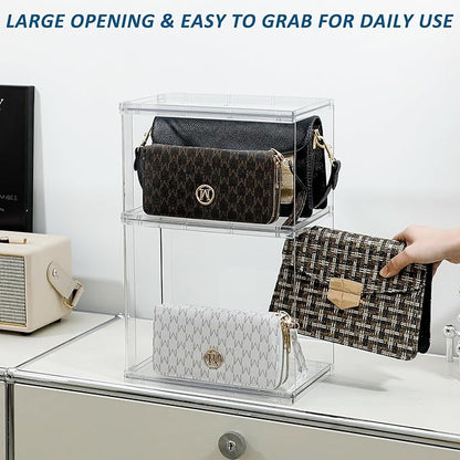 2 Pack Stackable Closet Organizers and Storage Shelves for Purses, Handbags, Clear Display Rack for Bathroom, Kitchen, Bedroom and Dresser, Plastic High Heels Holder (Short/Tall)