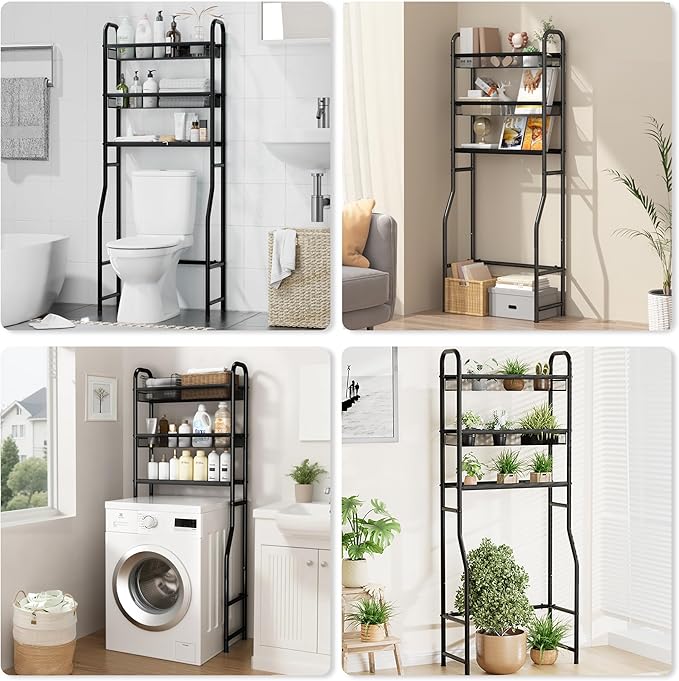 3 Tier Over The Toilet Storage Shelf, Black Bathroom Over The Toilet Storage Rack, Space Saving Above Toilet Storage Shelf with Vinyl Mesh Surface, Bathroom Toilet Shelf Rack Organizer
