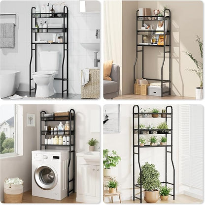 3 Tier Over The Toilet Storage Shelf, Black Bathroom Over The Toilet Storage Rack, Space Saving Above Toilet Storage Shelf with Vinyl Mesh Surface, Bathroom Toilet Shelf Rack Organizer