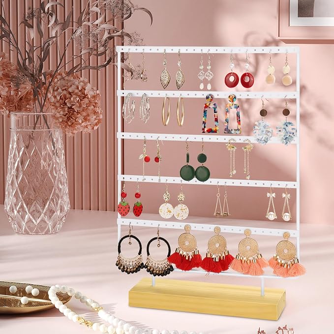 Earring Holder Organizer, 5-Tier Earring Organizer with 60-Pair Capacity, Wooden Base Metal Earring Display, Jewelry Storage & Display for Home Store, Suitable for Women