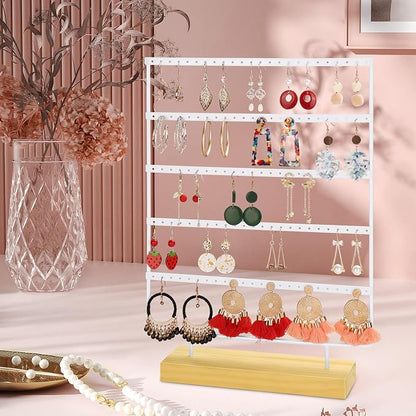Earring Holder Organizer, 5-Tier Earring Organizer with 60-Pair Capacity, Wooden Base Metal Earring Display, Jewelry Storage & Display for Home Store, Suitable for Women