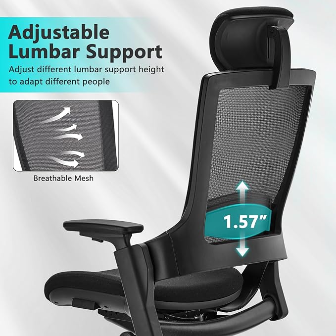 CLATINA Ergonomic High Swivel Executive Chair with Adjustable Height Head 3D Arm Rest Lumbar Support and Upholstered Back for Home Office Black Mesh/High Back
