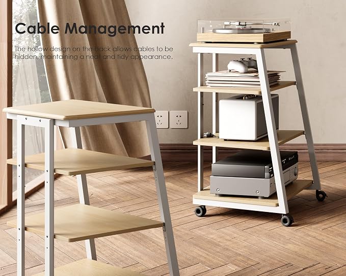 FITUEYES 4-Tier AV Media Stand Corner Shelf Stand Wooden Corner Shelves Component Cabinet Stereo Rack Audio Tower with Height Adjustable Wooden Shelves for ps4 (White Oak)