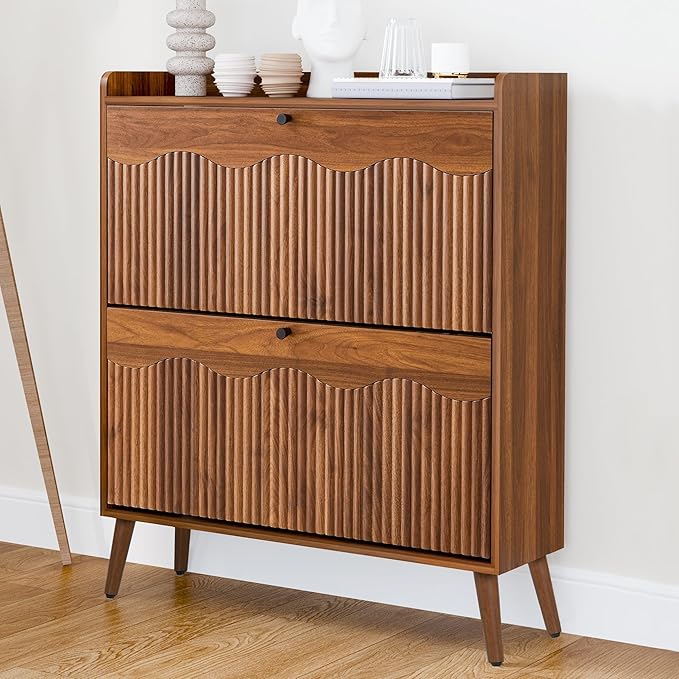 Shoe Storage Cabinet with 2 Flip Doors, 31.5" Narrow Fluted Design for Space Saving, Freestanding Entryway Shoe Organizer for Hallway & Living Room (Walnut)