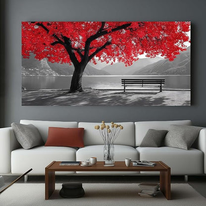 Tarfupth Black and White Red Large Tree of Life Wall Art for Living Room Mountain Artwork Landscape Lake Pictures for Bedroom Office Home Decor Modern Canvas Prints 29"x58"