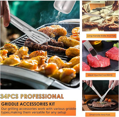 Yoehka BBQ Grilling Accessories Set, 34Pcs Heavy Duty Grill Tools for Outdoor Camping, Grilling Gifts for Men Dad, Stainless Steel Barbecue Utensils Kit with Mats and Glove in Carrying Bag, Brown