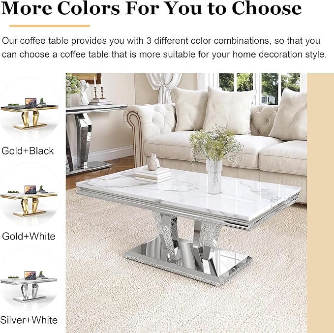 Modern Marble Coffee Table, 47" Living Room Table with Diamond-Shape Stainless Steel Base and Thickened Faux Marble Top for Living Room, Bedroom, Lounge (Silver,White)