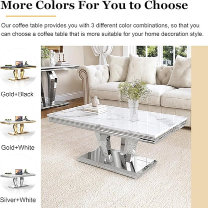 Modern Marble Coffee Table, 47" Living Room Table with Diamond-Shape Stainless Steel Base and Thickened Faux Marble Top for Living Room, Bedroom, Lounge (Silver,White)
