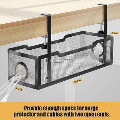 2 Pack Under Desk Cable Management Box Black, Cinati 26.8" Wire Organizers No Drill, Cord Organization Tray with Clamp for Office, Home - No Damage to Desk