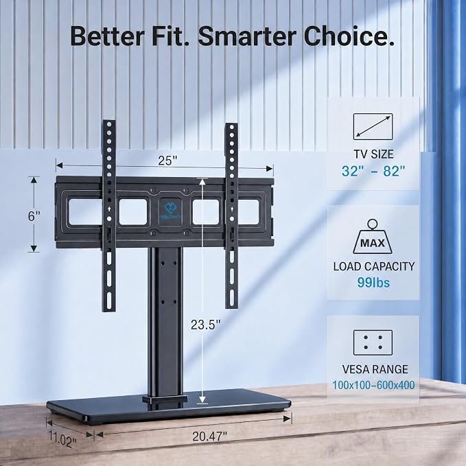 PERLESMITH Universal TV Stand for 32-82 inch LCD LED OLED 4K Flat Screen TVs-Height Adjustable TV Mount Stand with Tempered Glass Base, VESA 600x400mm, Holds up to 99lbs PSTVS11