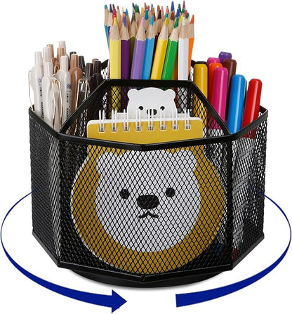 Comix 360° Rotating Pen Holder for Desk, 5 Compartments Office Desk Organizer, Black Mesh Metal Pencil Holder Cup for Office Home School