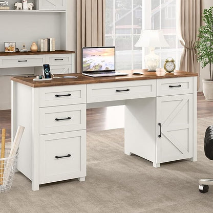 Farmhouse 61'' Executive Desk with 5 Drawers, Rustic Office Desk Computer Desk with Charging Station, File Drawers and Storage Cabinet, Wood Workstation for Home Office and Study, Unique White