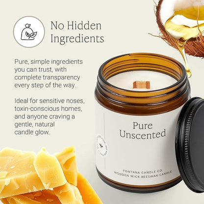 Fontana Candle Co Wood Wick Beeswax Jar Candles, Unscented - Made with Coconut Oil & Pure Essential Oils – Clean Burn, Long Lasting and Non-Toxic Candles for Home & Room Decor