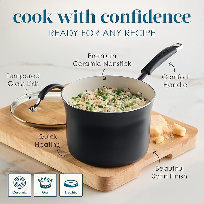 Rachael Ray Cucina Ceramic Cookware Set - 13 Pieces - Ceramic Pots and Pans Set w/Nonstick Frying Pans, Saute Pan, Saucepans, Stockpot, Lids, Pan Protectors - Peppercorn